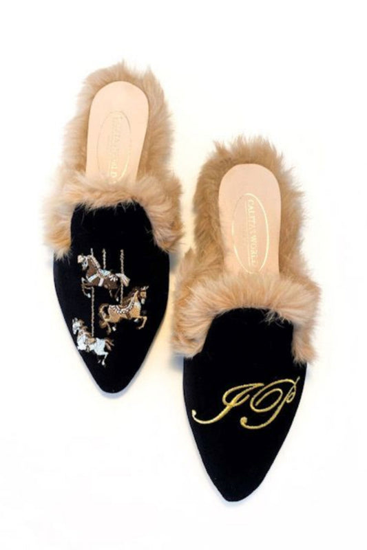 MULES FUR BLACK VELVET, CAROUSEL AND INITIALS　受注販売