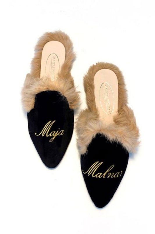 MULES FUR BLACK VELVET, GOLDEN NAME AND SURNAME　受注販売